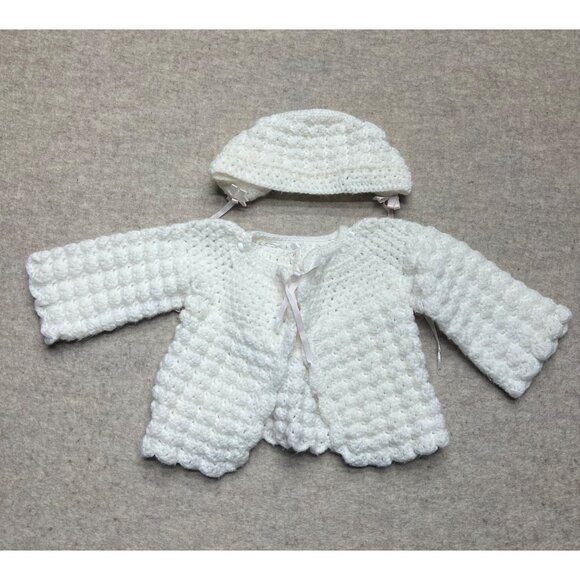 Other - Vintage Handmade White Newborn Knit Cardigan Hat Infant Sweater Bonnet Cap Set